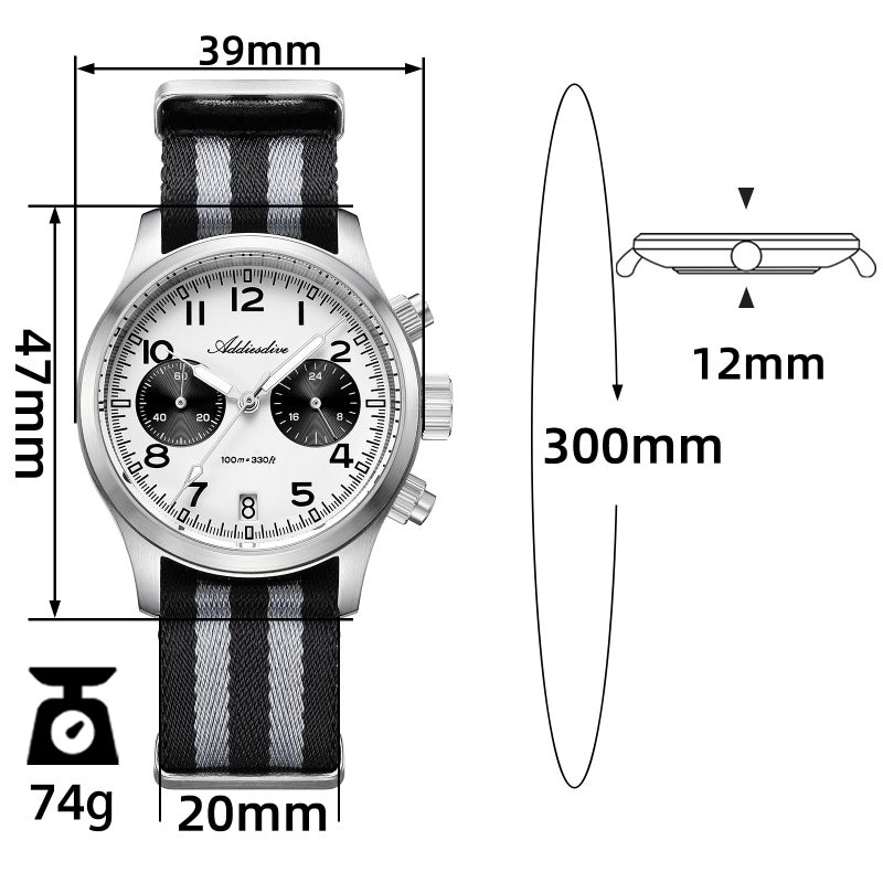 ADDIESDIVE Chronograph Watches for Men Women Synthetic Sapphire 100 M Waterproof Quartz Analog BGW9 Luminous Black and White Panda Watch - Image 2