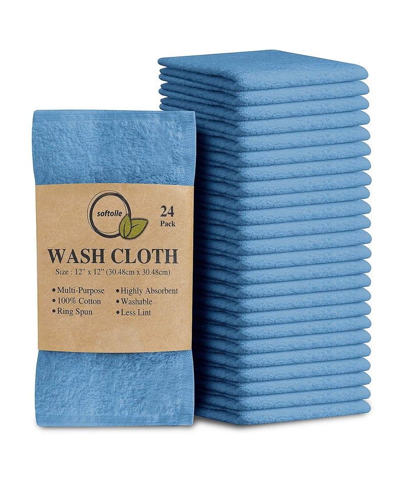 Softolle 100 Cotton Washcloths 24 Pack 12x12 Inches Soft Highly Absorbent Washcloth Face Towels Wash Cloths for Face Ring Spun Bulk Pack Sky Blue