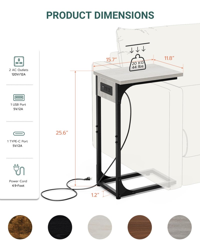 RISWER C-Shaped Side Table for Couch - Small Coffee Stand Sofa Tray Desk with Metal Frame Waterproof Scratch Resistant Wood Top and Built-in Charging Station, Greige - Image 2