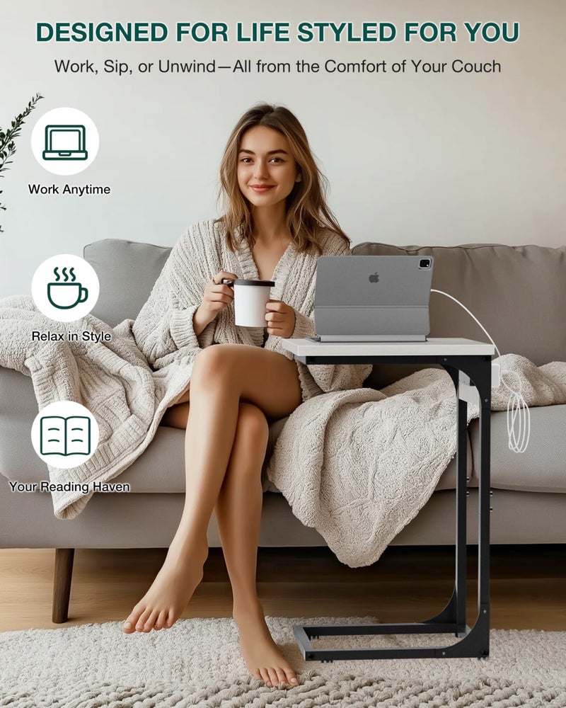RISWER C-Shaped Side Table for Couch - Small Coffee Stand Sofa Tray Desk with Metal Frame Waterproof Scratch Resistant Wood Top and Built-in Charging Station, Greige - Image 4