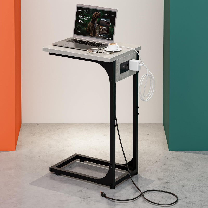 RISWER C-Shaped Side Table for Couch - Small Coffee Stand Sofa Tray Desk with Metal Frame Waterproof Scratch Resistant Wood Top and Built-in Charging Station, Greige - Image 1