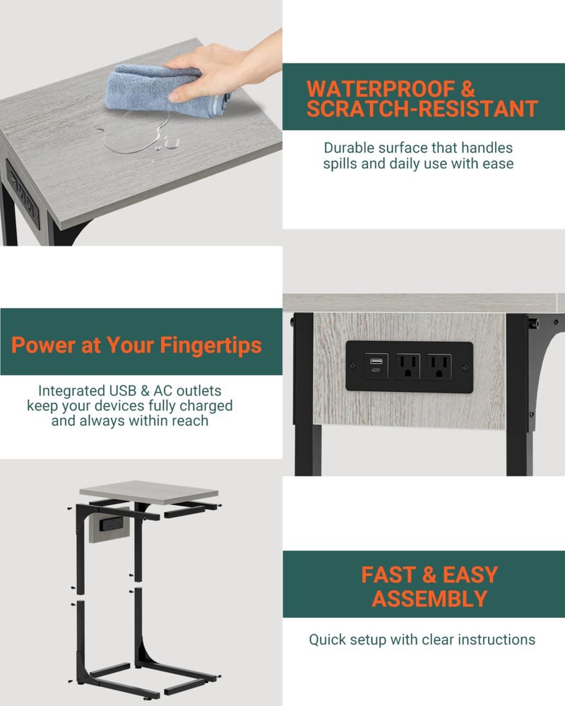RISWER C-Shaped Side Table for Couch - Small Coffee Stand Sofa Tray Desk with Metal Frame Waterproof Scratch Resistant Wood Top and Built-in Charging Station, Greige - Image 3