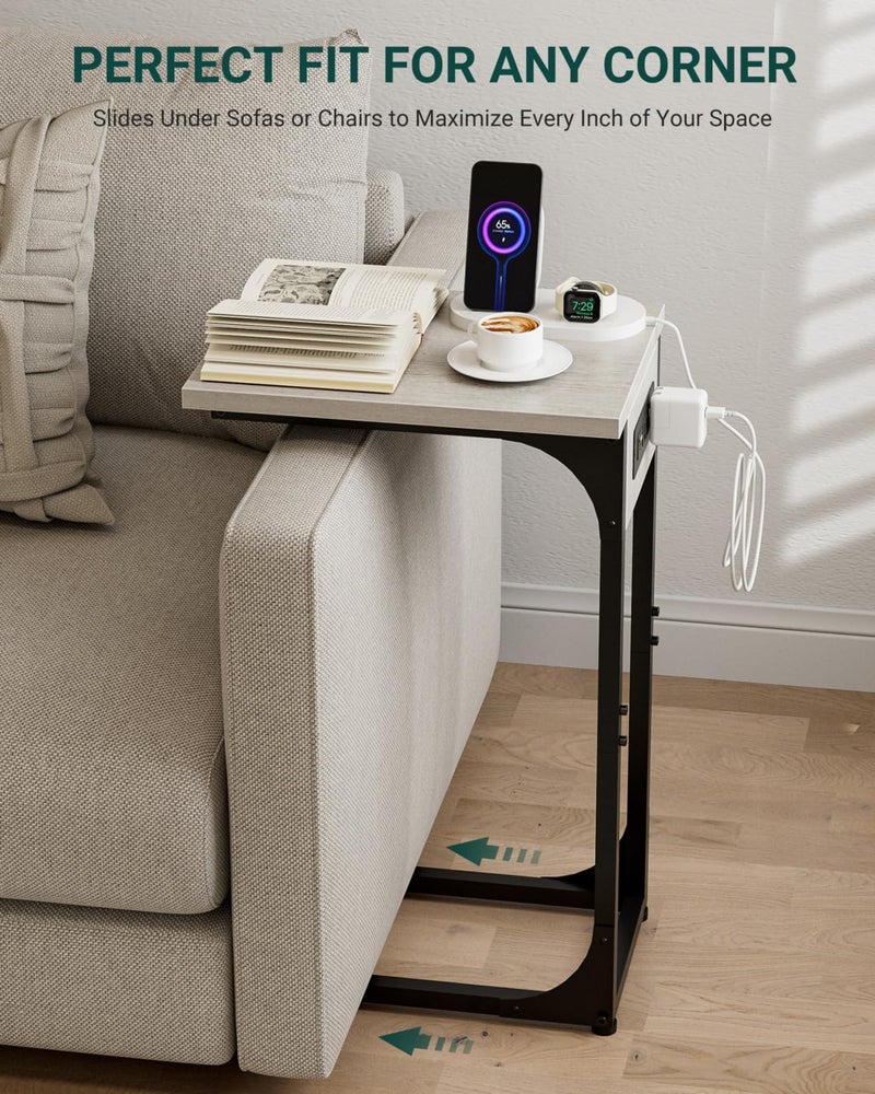 RISWER C-Shaped Side Table for Couch - Small Coffee Stand Sofa Tray Desk with Metal Frame Waterproof Scratch Resistant Wood Top and Built-in Charging Station, Greige - Image 5