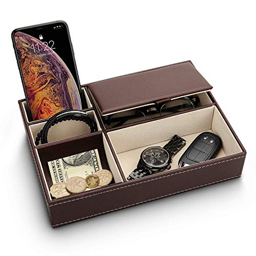 BROGBUS Men Accessories Organizer Leather Valet Tray Nightstand or Dresser Organizer for Wallet, Phone, Keys, Jewellery, Money 5 Slot Storage Compartment Box – Brown Colour - Image 1