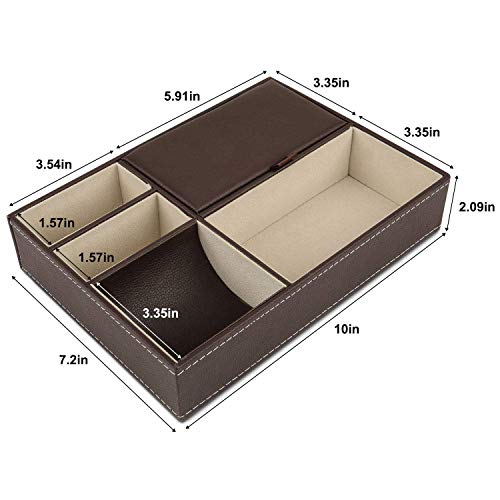 BROGBUS Men Accessories Organizer Leather Valet Tray Nightstand or Dresser Organizer for Wallet, Phone, Keys, Jewellery, Money 5 Slot Storage Compartment Box – Brown Colour - Image 2