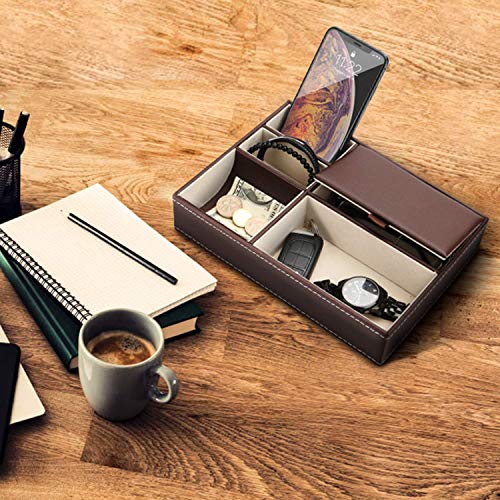 BROGBUS Men Accessories Organizer Leather Valet Tray Nightstand or Dresser Organizer for Wallet, Phone, Keys, Jewellery, Money 5 Slot Storage Compartment Box – Brown Colour - Image 5