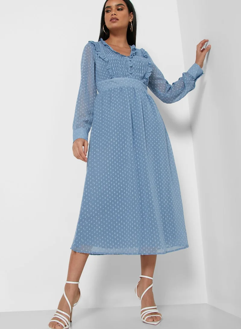 ELLA Dotted Mesh Overlay Ruffle Midi Dress