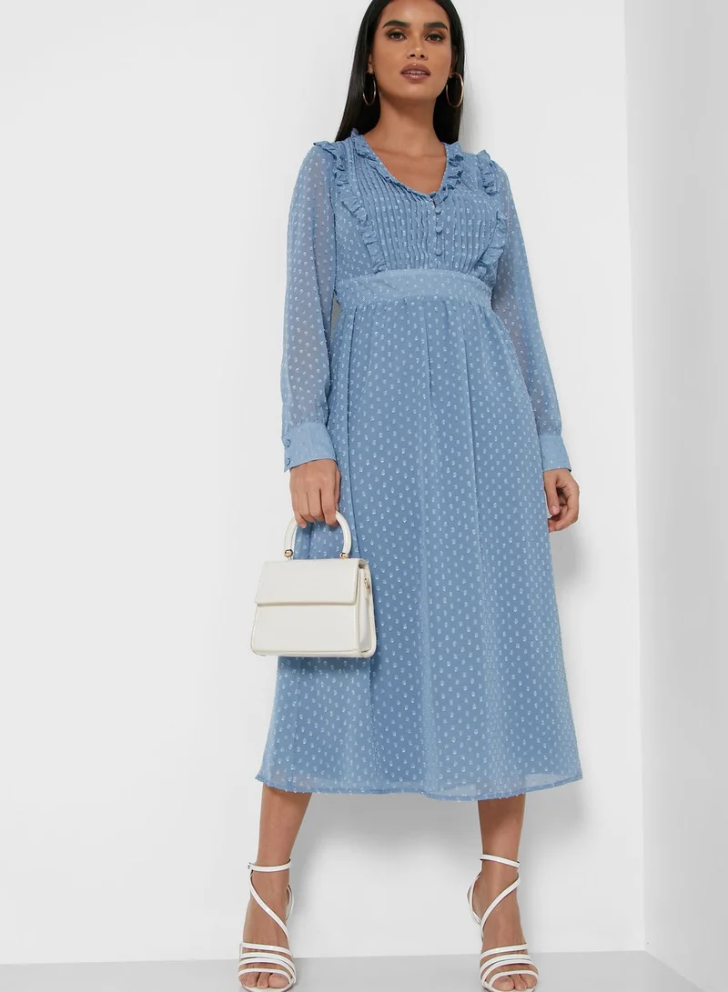 ELLA Dotted Mesh Overlay Ruffle Midi Dress