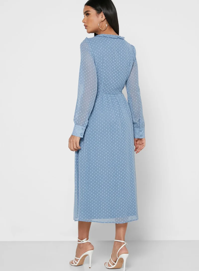 ELLA Dotted Mesh Overlay Ruffle Midi Dress