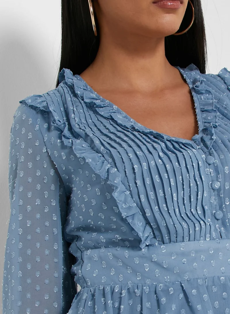 ELLA Dotted Mesh Overlay Ruffle Midi Dress