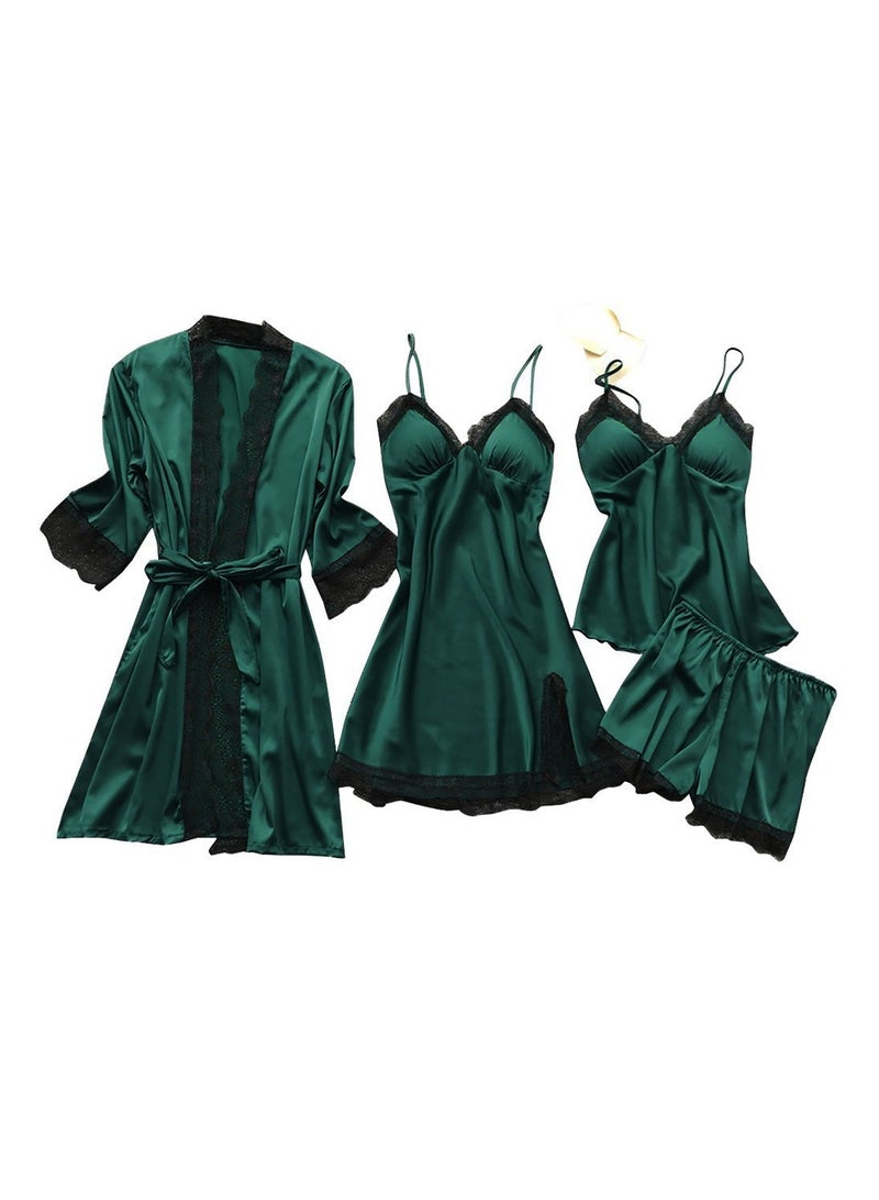 Spring And Summer Feminine Ice Silk Pajamas Four-Piece Set With Suspenders And Long Sleeves