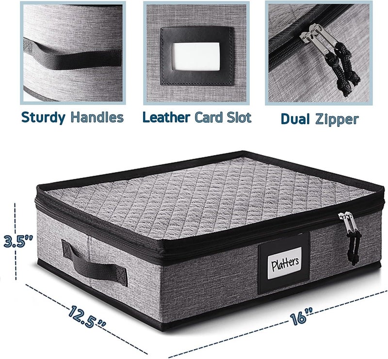 STORAGEBUD Platter Storage Case, Fine China Storage Containers Hard Shell, Quilted and Stackable 16”x 12.5”x 3.5” Platter Storage Container with Zipper, Handles and Felt Dividers for Moving and Seasonal Storage - Image 3