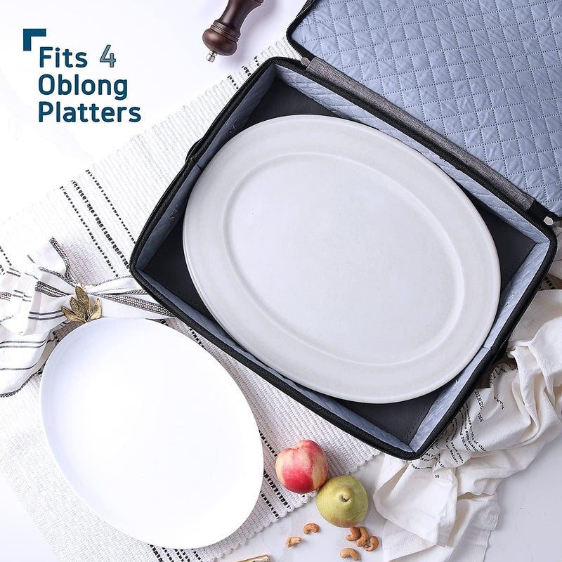STORAGEBUD Platter Storage Case, Fine China Storage Containers Hard Shell, Quilted and Stackable 16”x 12.5”x 3.5” Platter Storage Container with Zipper, Handles and Felt Dividers for Moving and Seasonal Storage - Image 2