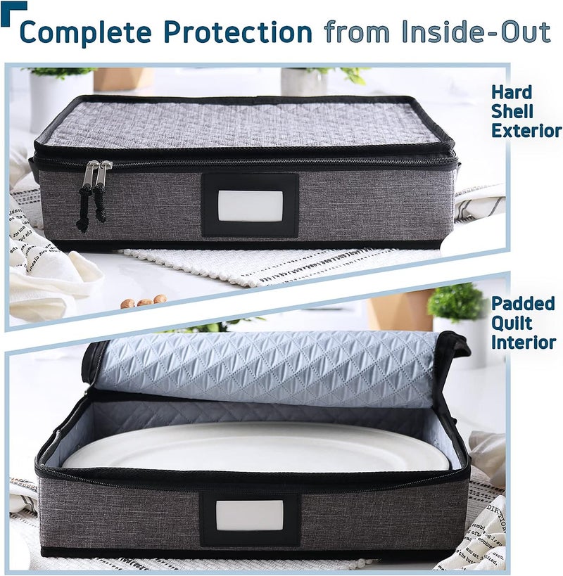 STORAGEBUD Platter Storage Case, Fine China Storage Containers Hard Shell, Quilted and Stackable 16”x 12.5”x 3.5” Platter Storage Container with Zipper, Handles and Felt Dividers for Moving and Seasonal Storage - Image 5