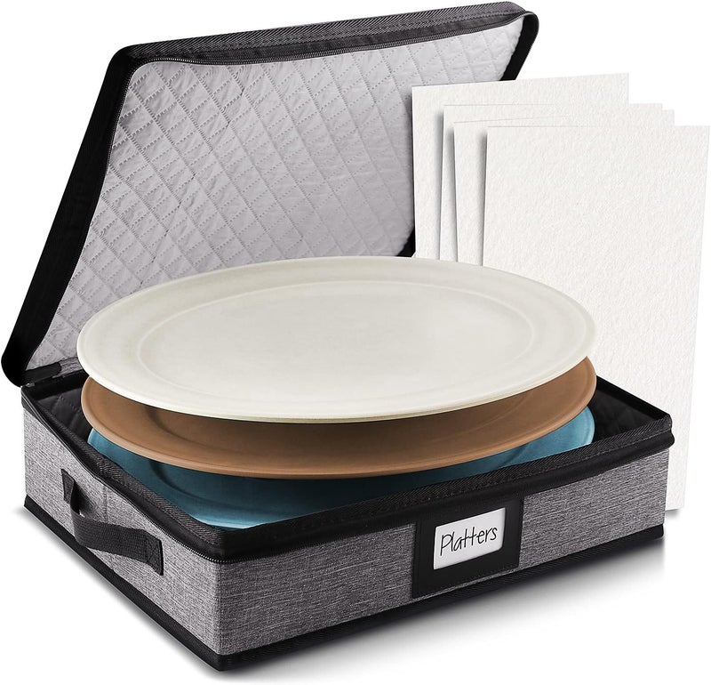STORAGEBUD Platter Storage Case, Fine China Storage Containers Hard Shell, Quilted and Stackable 16”x 12.5”x 3.5” Platter Storage Container with Zipper, Handles and Felt Dividers for Moving and Seasonal Storage - Image 1
