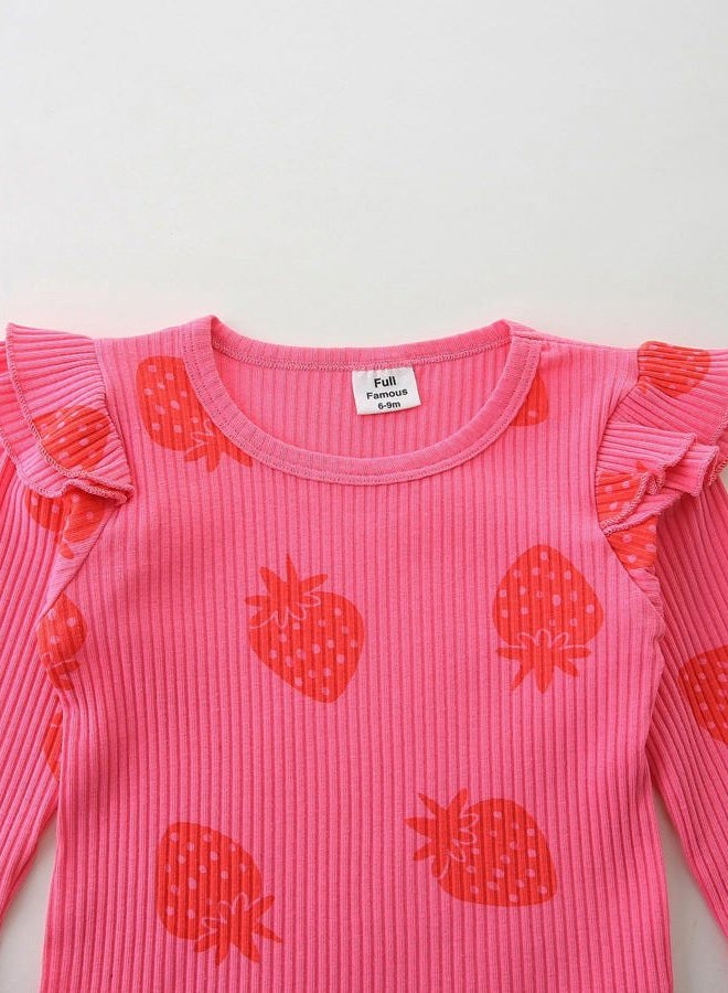 Fullfamous Infant Baby Girl Clothes Clothing Set Fall Winter Long Sleeve Onesie and Pant Set Outfits 12-18 months Pink Strawberry - Image 3
