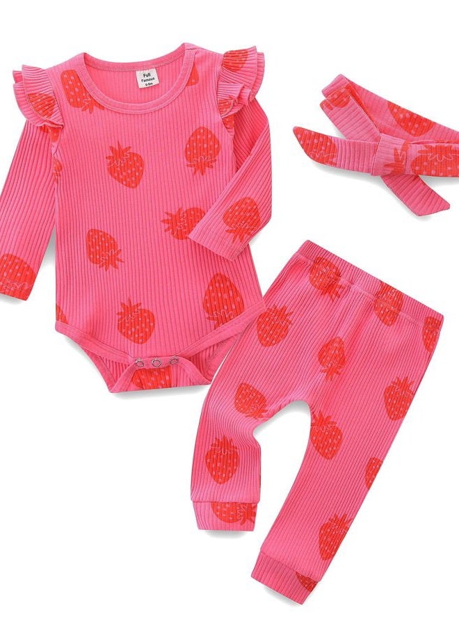 Fullfamous Infant Baby Girl Clothes Clothing Set Fall Winter Long Sleeve Onesie and Pant Set Outfits 12-18 months Pink Strawberry - Image 1