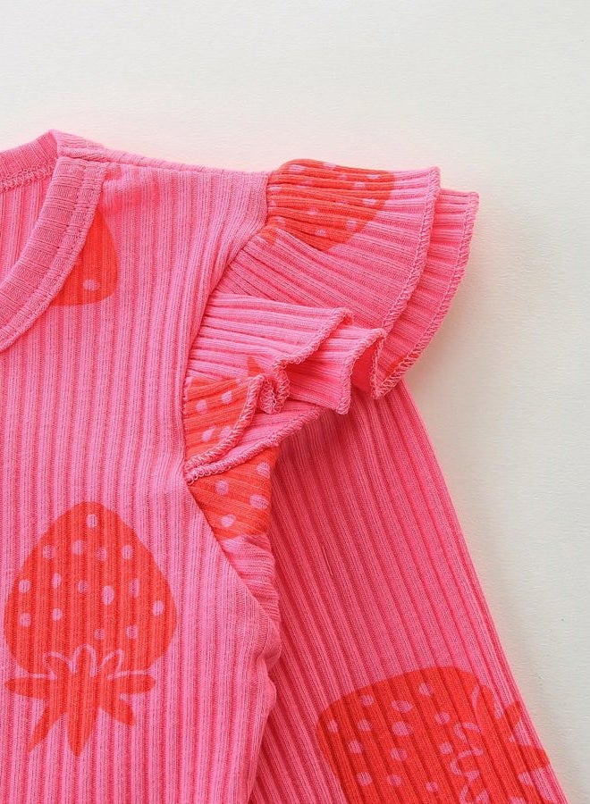 Fullfamous Infant Baby Girl Clothes Clothing Set Fall Winter Long Sleeve Onesie and Pant Set Outfits 12-18 months Pink Strawberry - Image 4