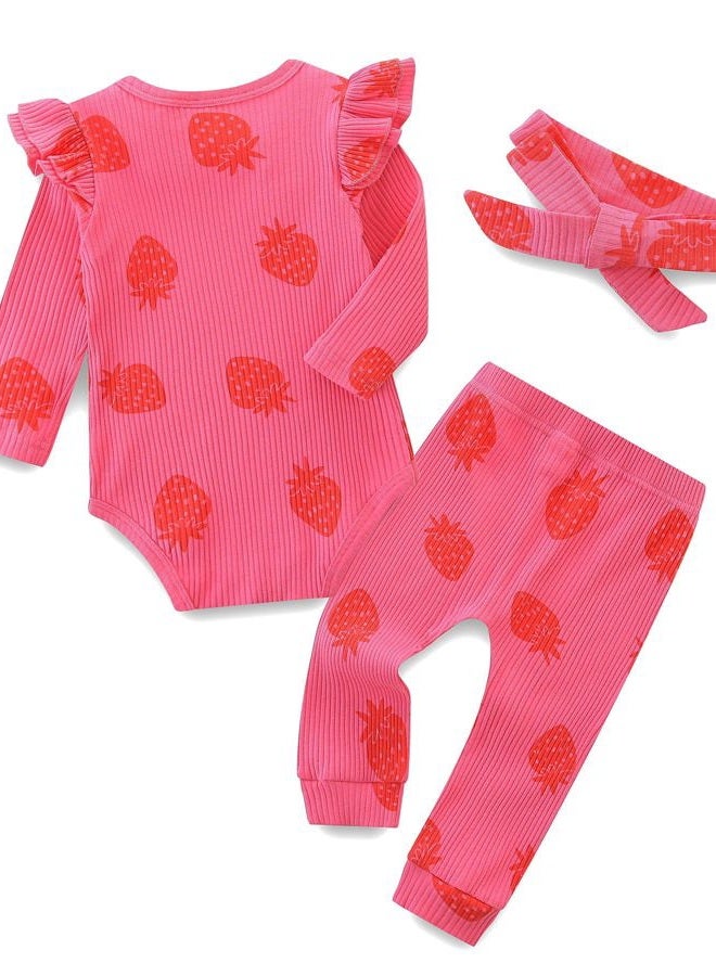 Fullfamous Infant Baby Girl Clothes Clothing Set Fall Winter Long Sleeve Onesie and Pant Set Outfits 12-18 months Pink Strawberry - Image 2