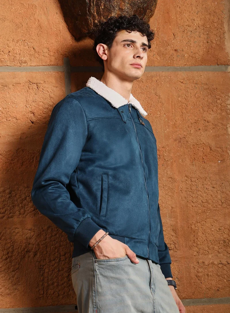 Campus Sutra Campus Sutra Men's Admiral Blue Contrast Sherpa-Lined Suede Bomber Jacket | Point Collar , Ribbed Cuff Sleeves , Zipper  Closure , Ribbed-Straight Hem | Solid Textured For Casual & Daily Wear