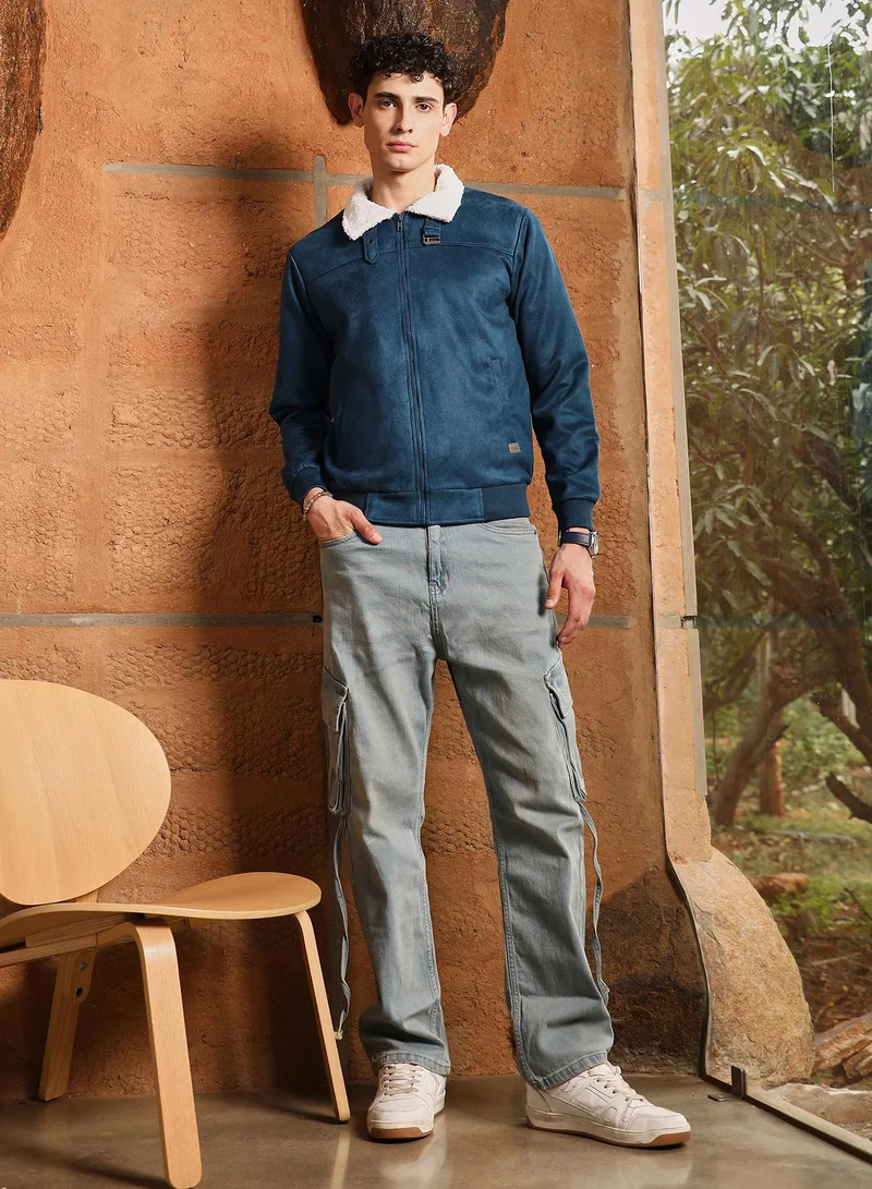 Campus Sutra Campus Sutra Men's Admiral Blue Contrast Sherpa-Lined Suede Bomber Jacket | Point Collar , Ribbed Cuff Sleeves , Zipper  Closure , Ribbed-Straight Hem | Solid Textured For Casual & Daily Wear