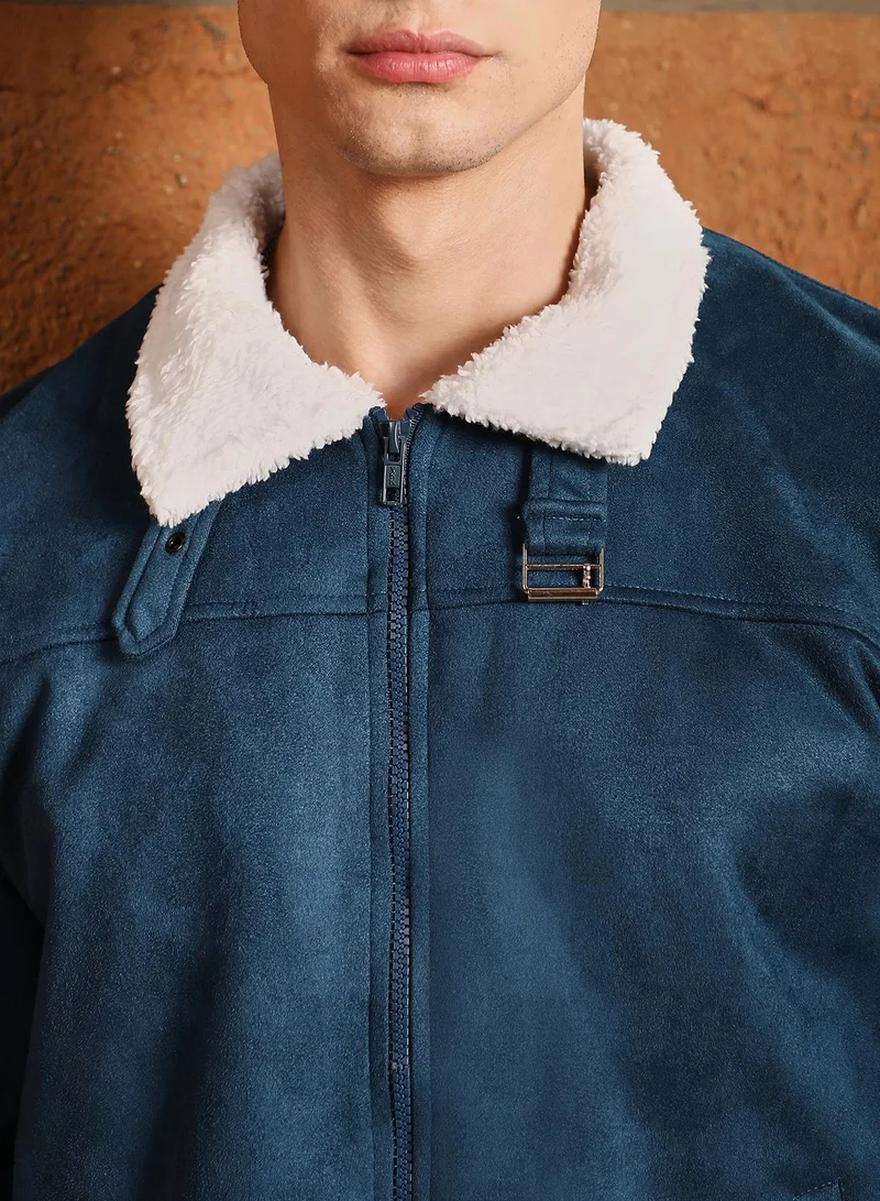 Campus Sutra Campus Sutra Men's Admiral Blue Contrast Sherpa-Lined Suede Bomber Jacket | Point Collar , Ribbed Cuff Sleeves , Zipper  Closure , Ribbed-Straight Hem | Solid Textured For Casual & Daily Wear