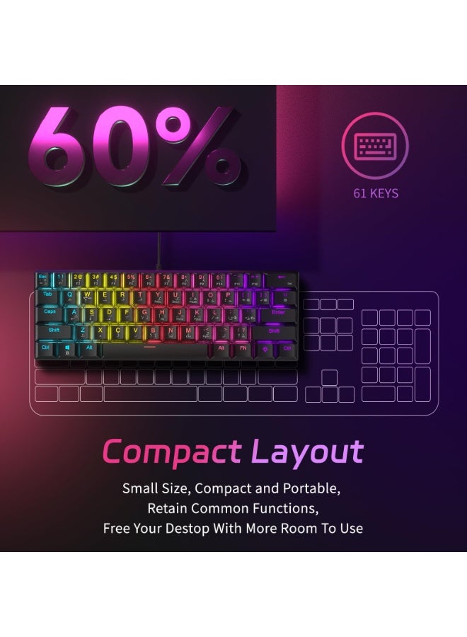 أوتشوانغ لوحة مفاتيح ميكانيكية مكونة من عربية 61 مفتاحًا، كيبورد سويتش أحمر هجينة خفيفة الوزن سلكية صغيرة الحجم لأجهزة الكمبيوتر الشخصية وأجهزة Mac ولوحة مفاتيح ألعاب إلكترونية محمولة - باللون الأسود - Image 2