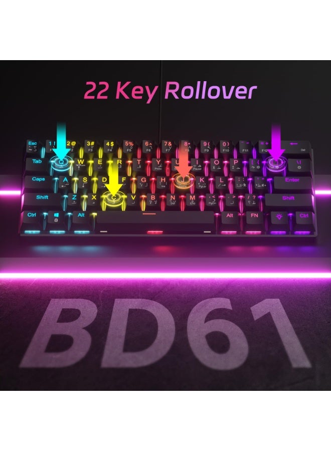 أوتشوانغ لوحة مفاتيح ميكانيكية مكونة من عربية 61 مفتاحًا، كيبورد سويتش أحمر هجينة خفيفة الوزن سلكية صغيرة الحجم لأجهزة الكمبيوتر الشخصية وأجهزة Mac ولوحة مفاتيح ألعاب إلكترونية محمولة - باللون الأسود - Image 3