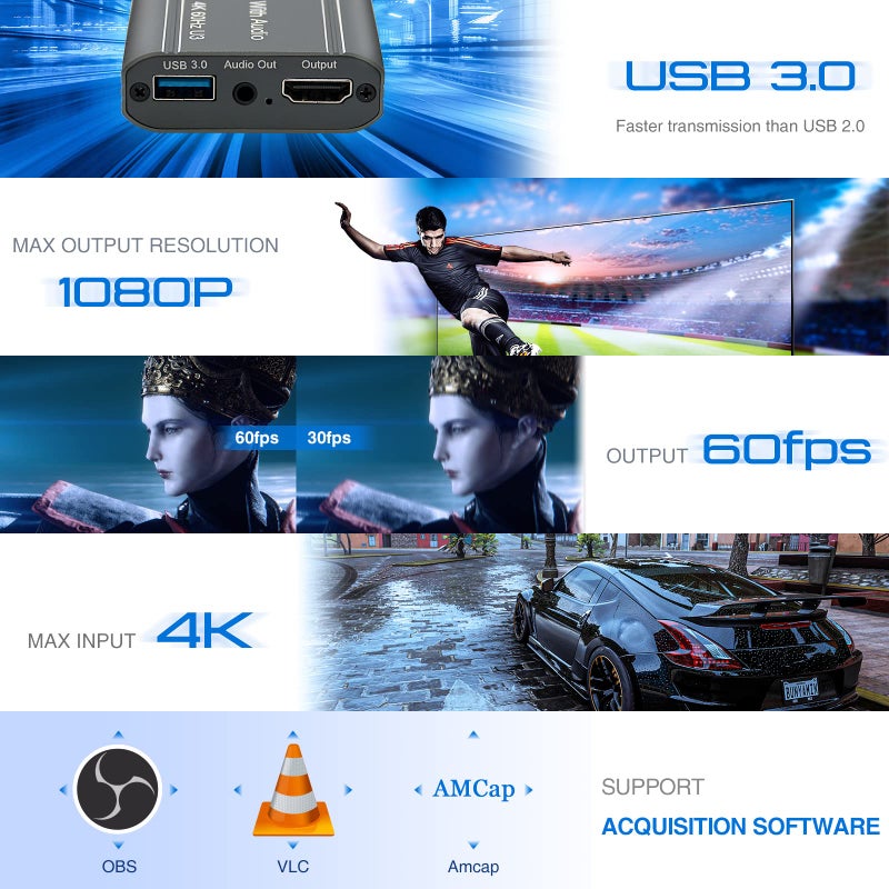 ORIVISION 4K Video Capture Card, HDMI to USB 3.0 with Loopout for Nintendo Switch, 1080p 60fps Game Capture Device with Audio Output for Streaming, Xbox/PS4/PS5/PC, VLC/OBS/Amcap - Image 3