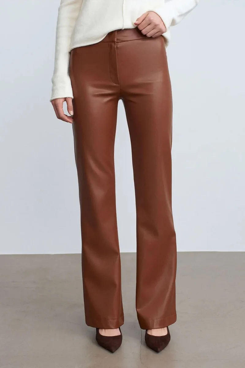 Dilvin Walnut Brown DILVIN Women's Faux Leather Flare Pants for Women | Best Price UAE