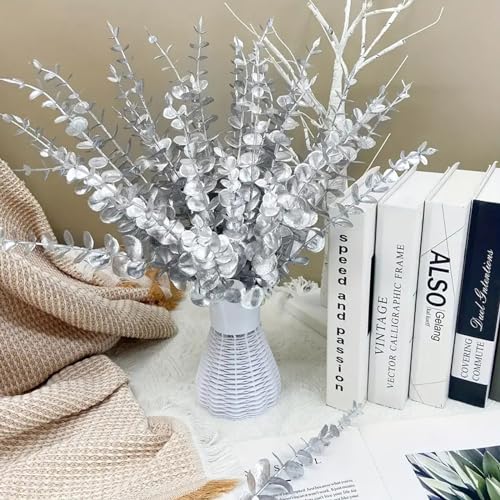 ABAJI Eucalyptus Stems 12 PCS Fake Faux Decorations with Artificial Leaves Grey Greenery Plant Leaf Suitable for Home Office House Table Desk Decor Wedding Party Vase Forever Live (Silvery) - Image 2