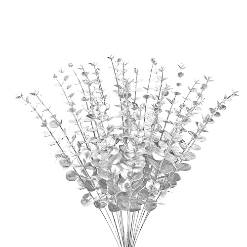 ABAJI Eucalyptus Stems 12 PCS Fake Faux Decorations with Artificial Leaves Grey Greenery Plant Leaf Suitable for Home Office House Table Desk Decor Wedding Party Vase Forever Live (Silvery) - Image 5