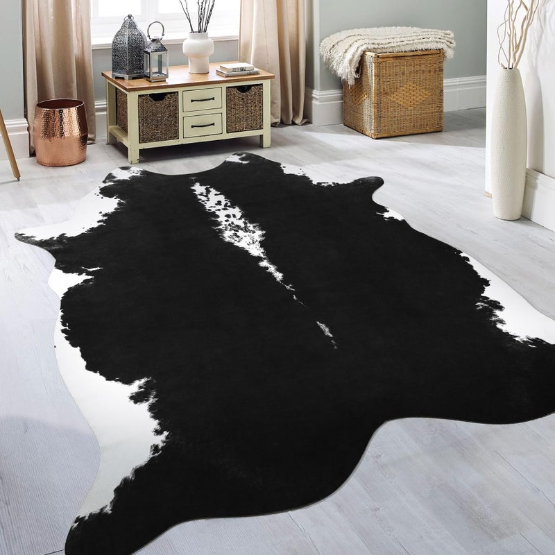 BENRON Premium Cowhide Rug Black Faux Cow Hide Rugs for Living Room Bedroom Western Home Decor Non Slip Cute Rug with Irregular Animal Skins and Hides 46 x 52ft
