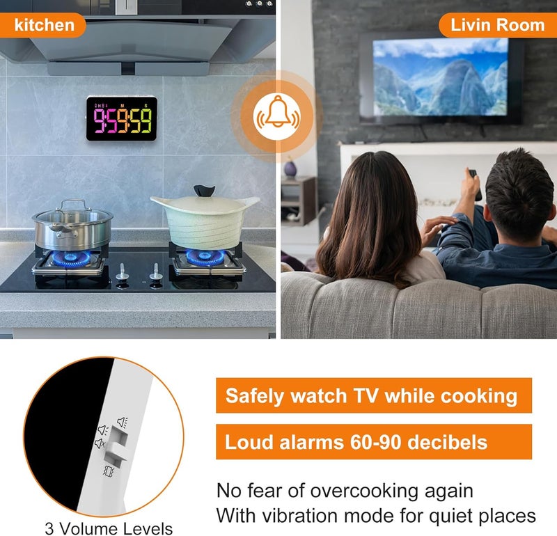 PERSUPER Kitchen Digital Timer, Count Down Up, Rechargeable, Vibration Mode Adjustable Volume and Brightness LED Display, Time Management Cook, Desk, Kids Adults Study Teaching, Kitchen Gadgets - Image 5