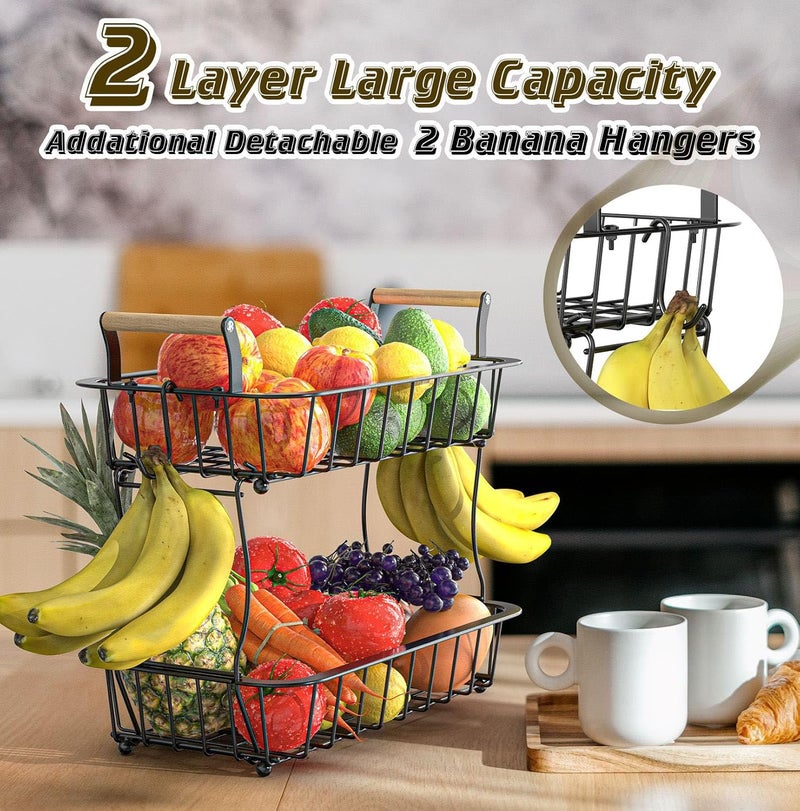 Crixny 2 Tier Banana Hanger Stand with 2 Hangers, Large Fruit and Vegetable Storage Basket - Image 2