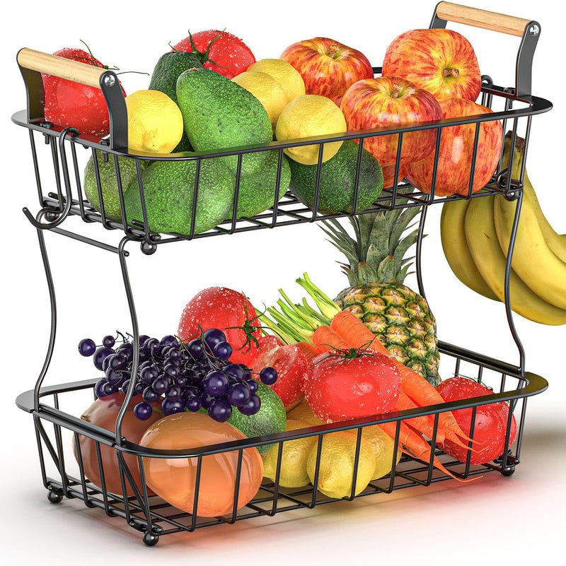 Crixny 2 Tier Banana Hanger Stand with 2 Hangers, Large Fruit and Vegetable Storage Basket - Image 1