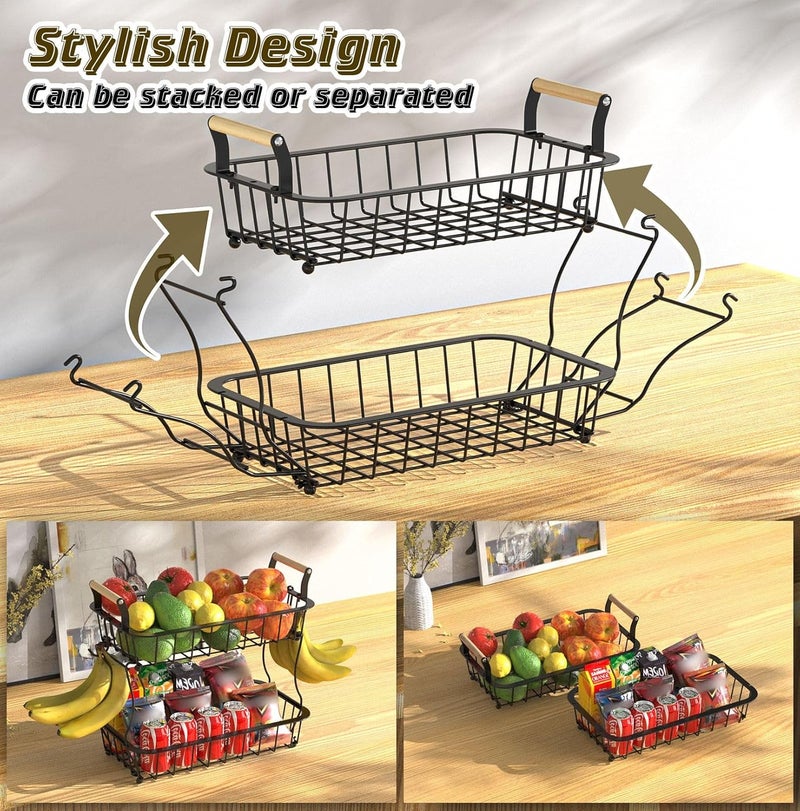 Crixny 2 Tier Banana Hanger Stand with 2 Hangers, Large Fruit and Vegetable Storage Basket - Image 4