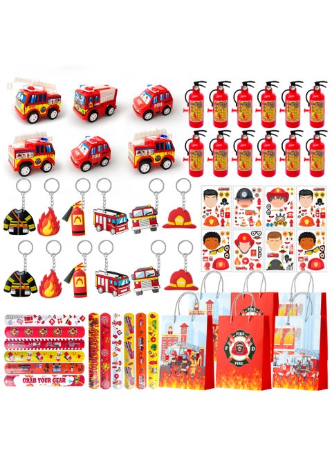 Firefighter Party Favors for 12 Guests, 72pcs Fire Truck Party Favors Set Party Stickers Slap Bracelets Keychains etc Firefighter Themed Party Favors for Firefighter Birthday Party Decorations Supplies