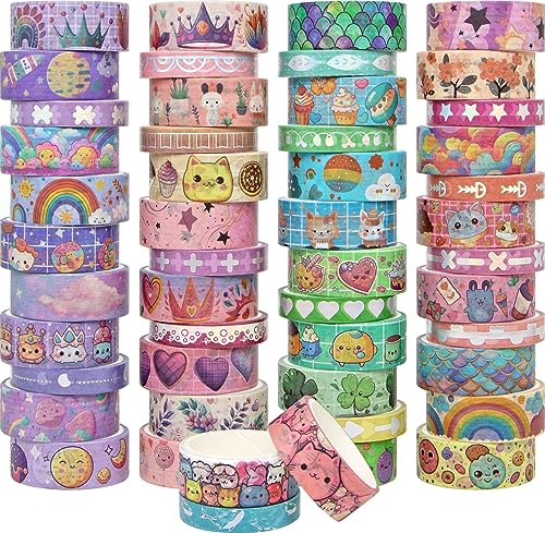 WAPETASHI 50 Rolls Washi Tape Set Silver Cute Washi Tape for Scrapbooking Bullet Journal Planner Gift Rainbow Masking Decorative Tape for Kids - Image 1