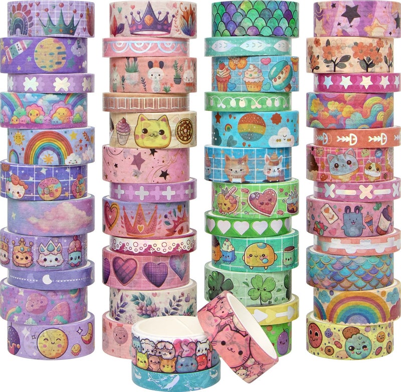WAPETASHI 50 Rolls Washi Tape Set Silver Cute Washi Tape for Scrapbooking Bullet Journal Planner Gift Rainbow Masking Decorative Tape for Kids - Image 3