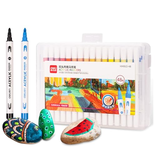 deli Paint Markers Dual Tip Quick Drying Acrylic Marker Pens for Kids Paint Pens Markers for Wood Rock Plastic Canvas-48 Colors - Image 1