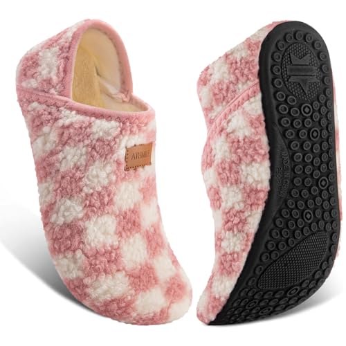 ATHMILE House Slippers for Women Men Indoor Barefoot Slippers Socks Furry Slip on House Shoes Cozy Comfy for Home Bedroom Travel Yoga Women 6575 Pink Checkered - Image 1
