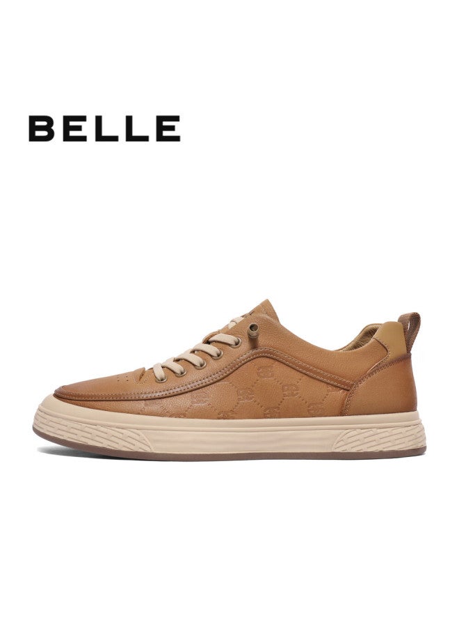Belle Trendy Casual Men's Cowhide Embossed Slip-on Versatile Sneakers A1468am5, Yellow-brown Single Lining, Size 44 - Image 4