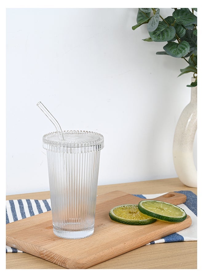 Ollieroo 380ml Ribbed Glass Tumblers with Lids and Glass Straws, Thickened Glass, Ideal for Iced Coffee, Smoothies, Cocktails, and Juices – Elegant and Durable Drinkware - Image 1