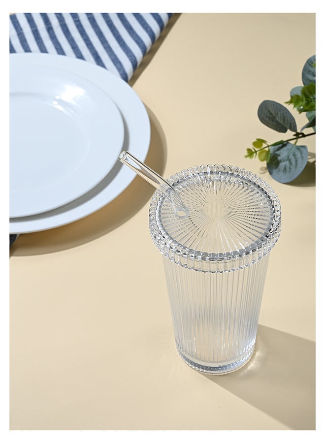 Ollieroo 380ml Ribbed Glass Tumblers with Lids and Glass Straws, Thickened Glass, Ideal for Iced Coffee, Smoothies, Cocktails, and Juices – Elegant and Durable Drinkware - Image 2