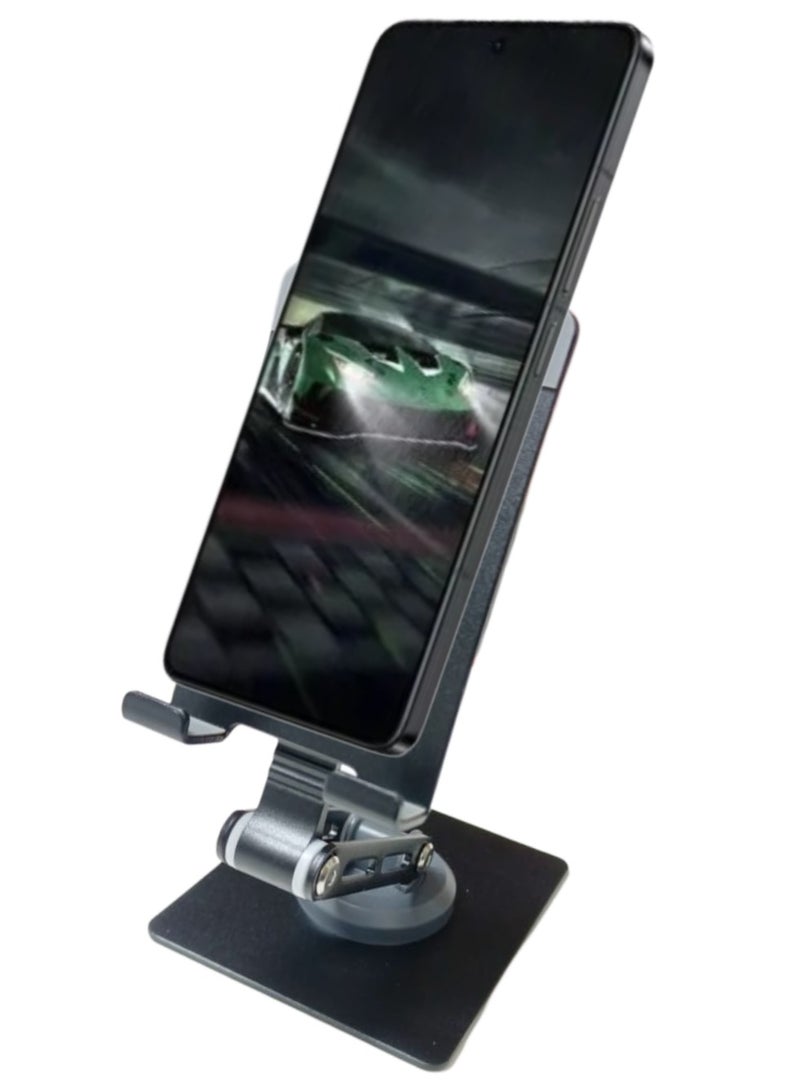 حامل الهاتف المحمول وحامل الكمبيوتر اللوحي، حامل محمول قابل للطي وقابل للدوران 360 درجة للطاولة، تعديلات متعددة للارتفاع والزاوية، وزن قاعدة مستديرة معدنية ثابتة لأي هاتف أو جهاز لوحي، أوضاع الصورة والمناظر الطبيعية، للكريكيت ومكالمات الفيديو والأفلام - Image 1