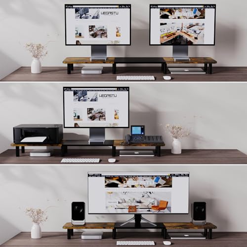 WEGASTU 43.7" Extra Long Dual Monitor Stand Riser, Wood & Steel Monitor Stand for 2 Monitors, Wide TV Stand, Desktop Riser for Desk Organization, Home Office、Laptop,Printer,TV (Vintage black) - Image 4