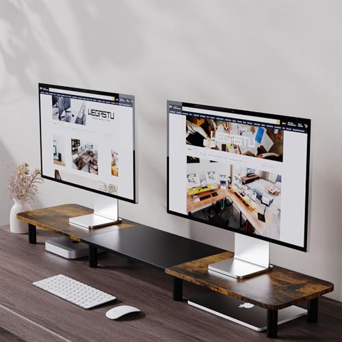 WEGASTU 43.7" Extra Long Dual Monitor Stand Riser, Wood & Steel Monitor Stand for 2 Monitors, Wide TV Stand, Desktop Riser for Desk Organization, Home Office、Laptop,Printer,TV (Vintage black) - Image 3