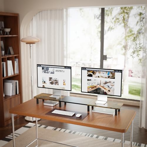 WEGASTU 43.7" Extra Long Dual Monitor Stand Riser, Wood & Steel Monitor Stand for 2 Monitors, Wide TV Stand, Desktop Riser for Desk Organization, Home Office、Laptop,Printer,TV (Vintage black) - Image 2