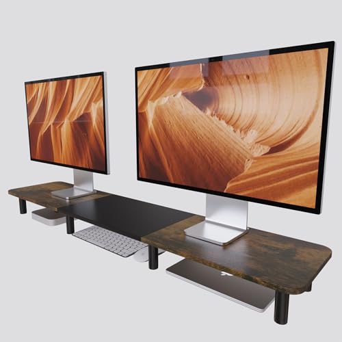 WEGASTU 43.7" Extra Long Dual Monitor Stand Riser, Wood & Steel Monitor Stand for 2 Monitors, Wide TV Stand, Desktop Riser for Desk Organization, Home Office、Laptop,Printer,TV (Vintage black) - Image 1